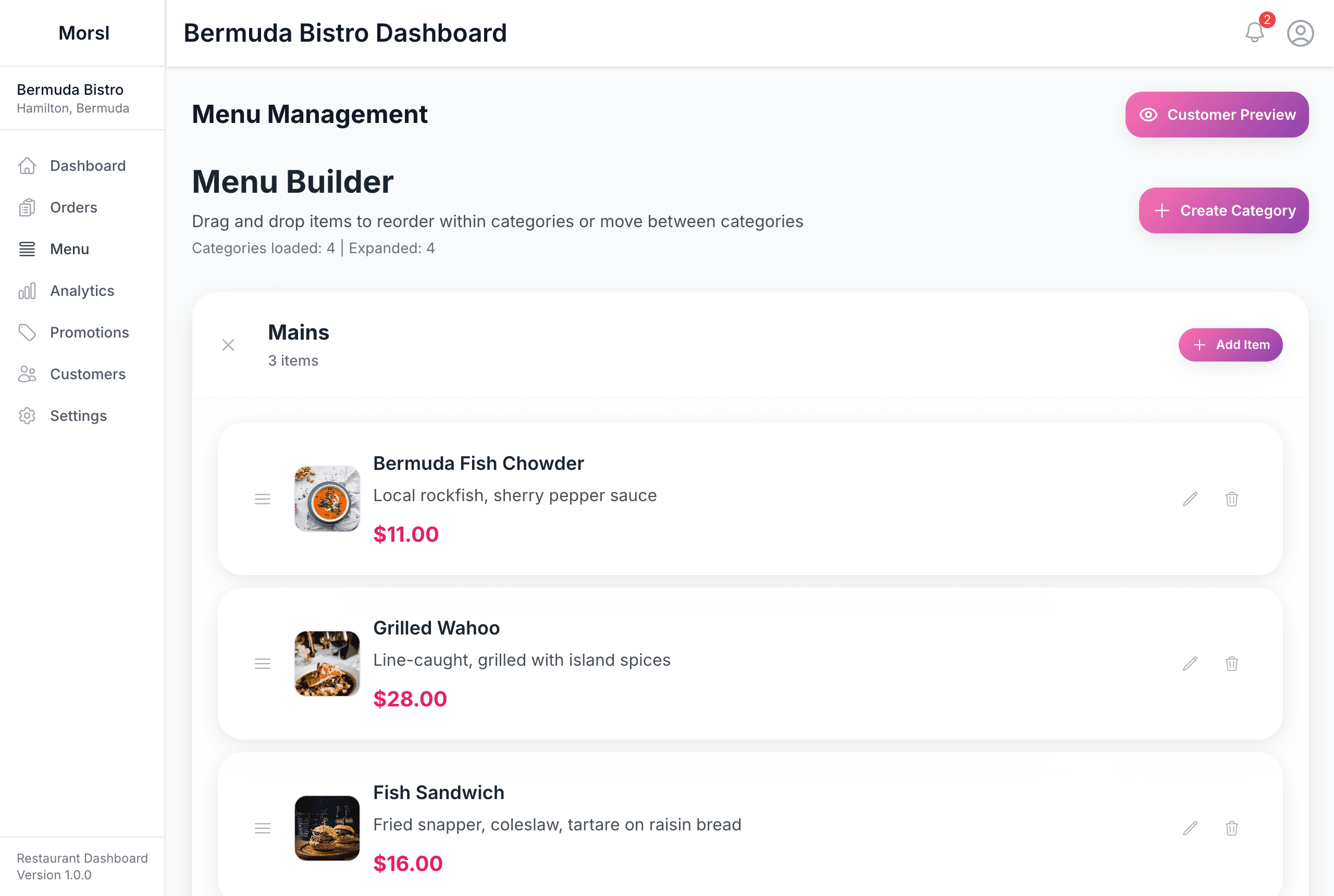 The Morsl menu builder listing dishes with photos, prices, and edit controls