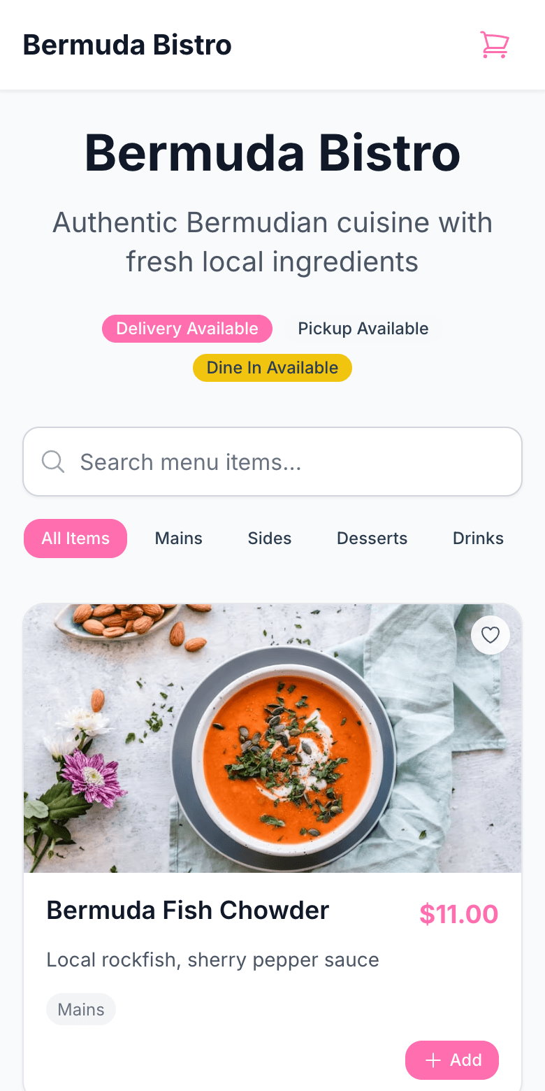 The Morsl ordering page for Bermuda Bistro, showing the menu with photos, prices, and add-to-order buttons